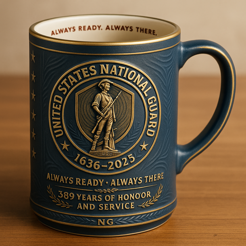 United States National Guard 389th Anniversary Embossed Commemorative Mug (1636–2025)