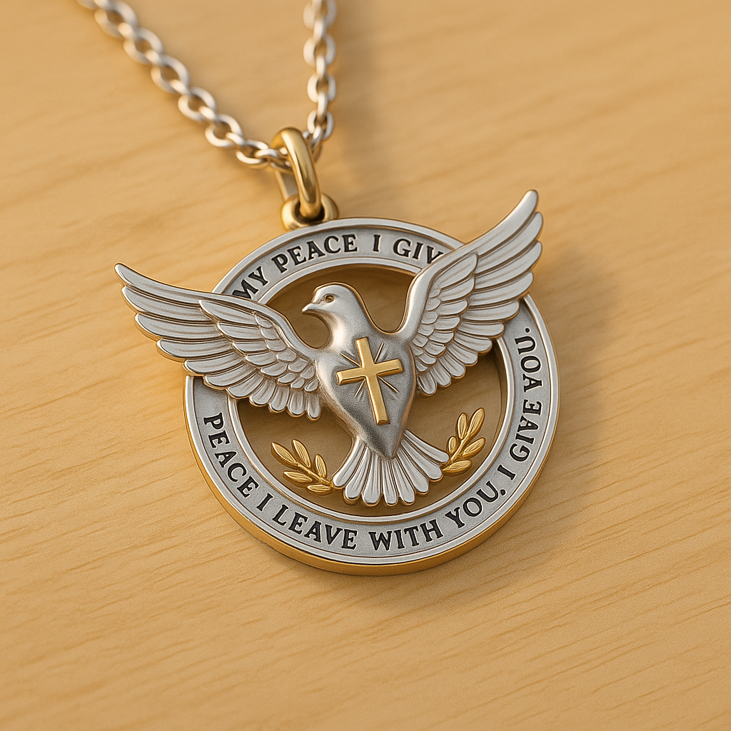 Christian Holy Spirit Dove Necklace – “Peace I Leave With You” Edition