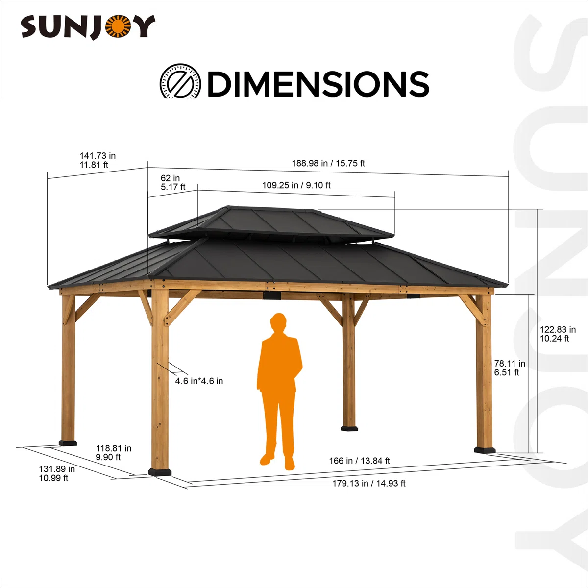 Sunjoy 12x16 ft. Wood Gazebo, Outdoor Patio Steel Hardtop Gazebo, Cedar Framed Wooden Gazebo with 2-tier Metal Roof, Suitable for Patios, Lawn and Backyard