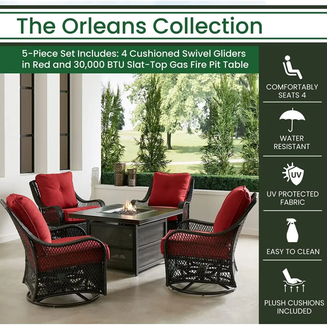 2025 New Hanover Orleans 5-Piece Steel Patio Fire Pit Conversation Set with Cushions, Swivel Gliders and Square Fire Pit Table