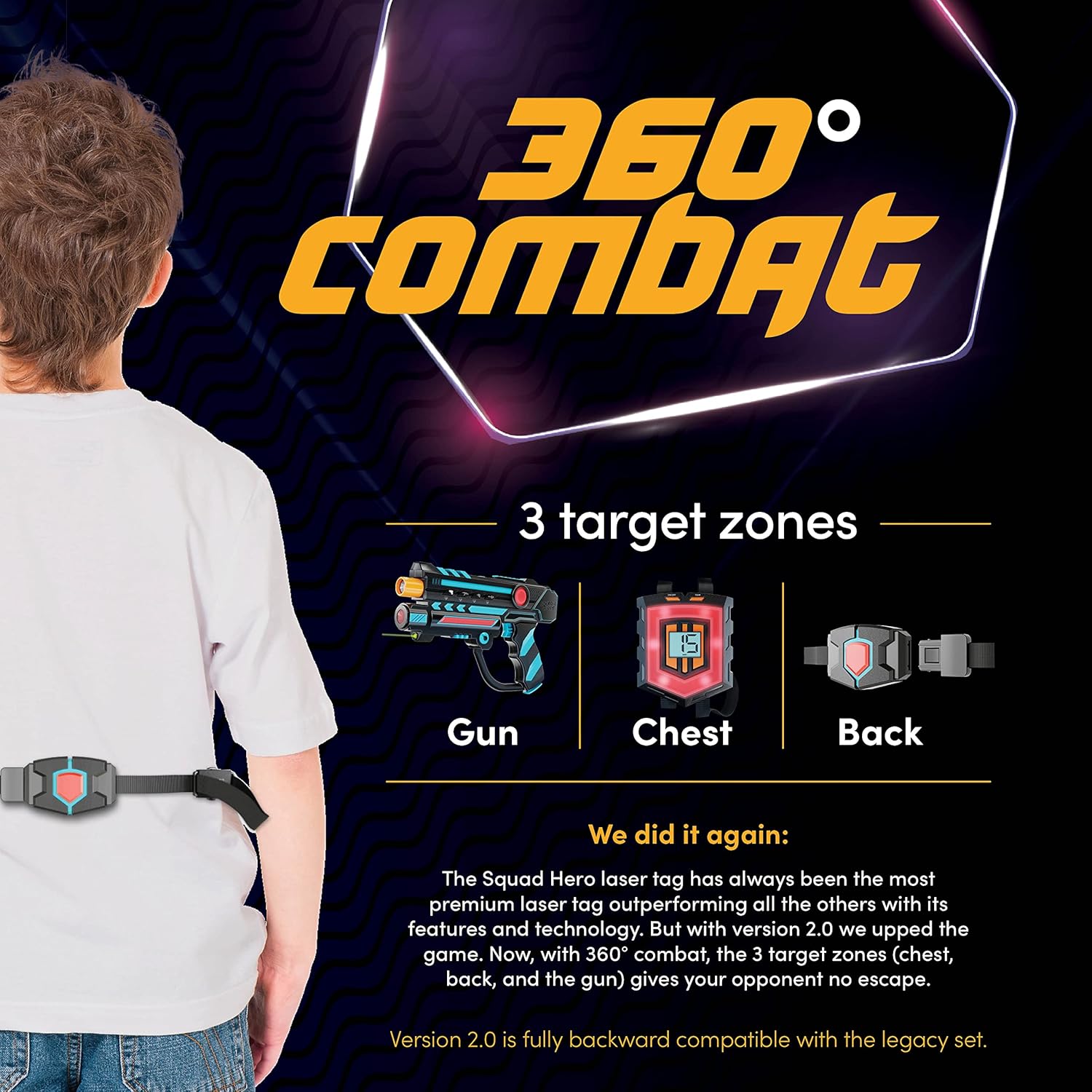 Squad Hero Rechargeable Laser Tag 360° Sensors + LCDs - Set of 4 - Gift Ideas for Kids Teens and Adults Boys & Girls Family Fun - Cool Teenage Lazer Group Activity - Teen Gifts Ages 8+ Year Old Boy