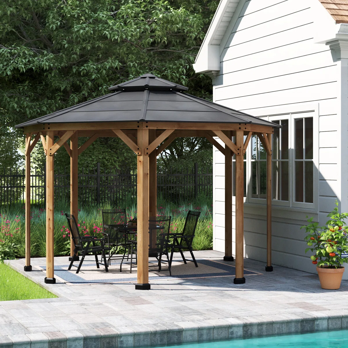 Sunjoy 13 x 13 ft. Cedar Framed Octagon Wood Gazebo with Double Tiered Steel Hardtop Roof and Ceiling Hook for Garden, Backyard Shade