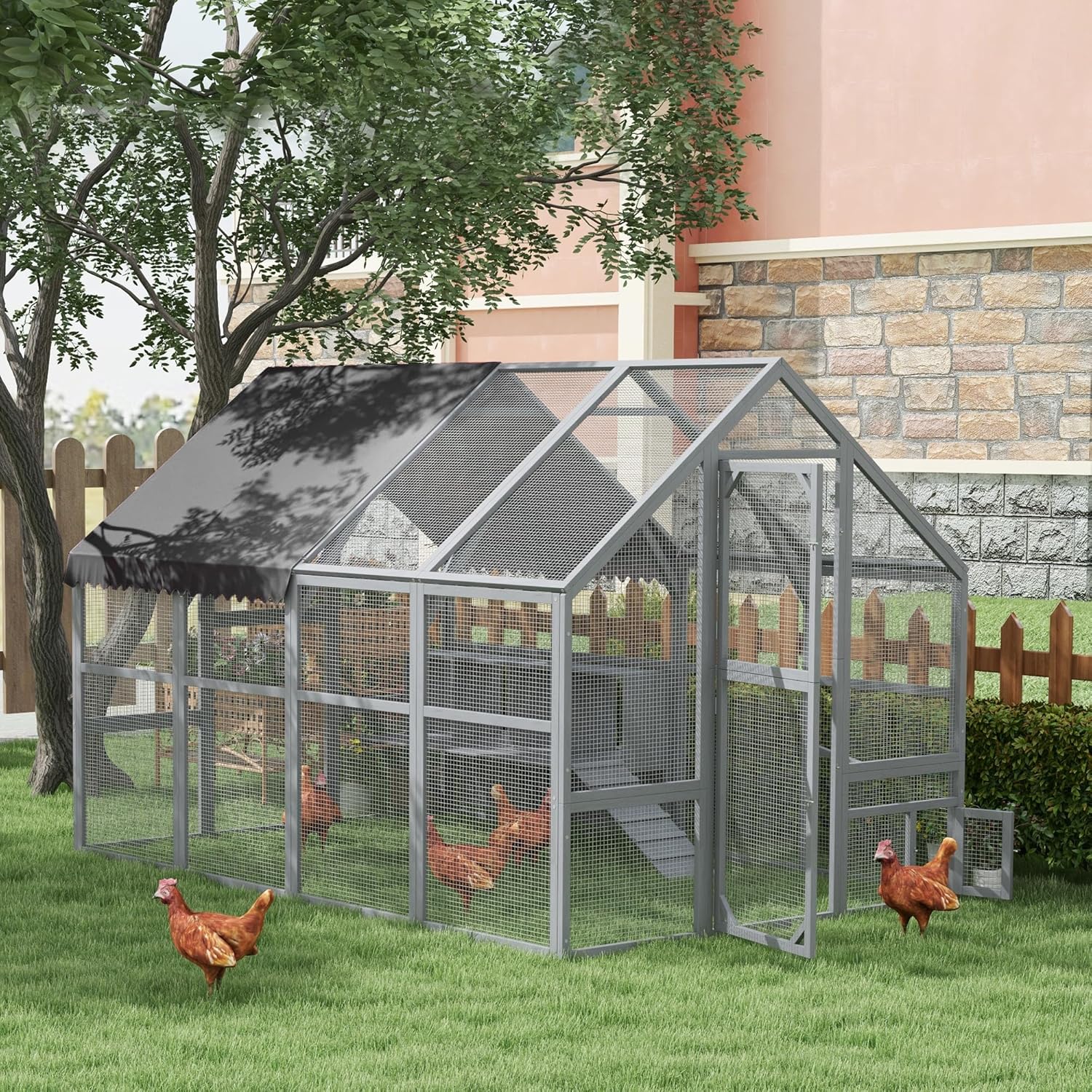 PawHut Large Chicken Run, Wooden Chicken Coop with Waterproof & Anti-UV Cover, Split Door, 4 Nesting Boxes, Roosting Bar, Walk-in Chicken Pen for 8-12 Chickens, for Backyard, Farm, 9' x 6' x 6'