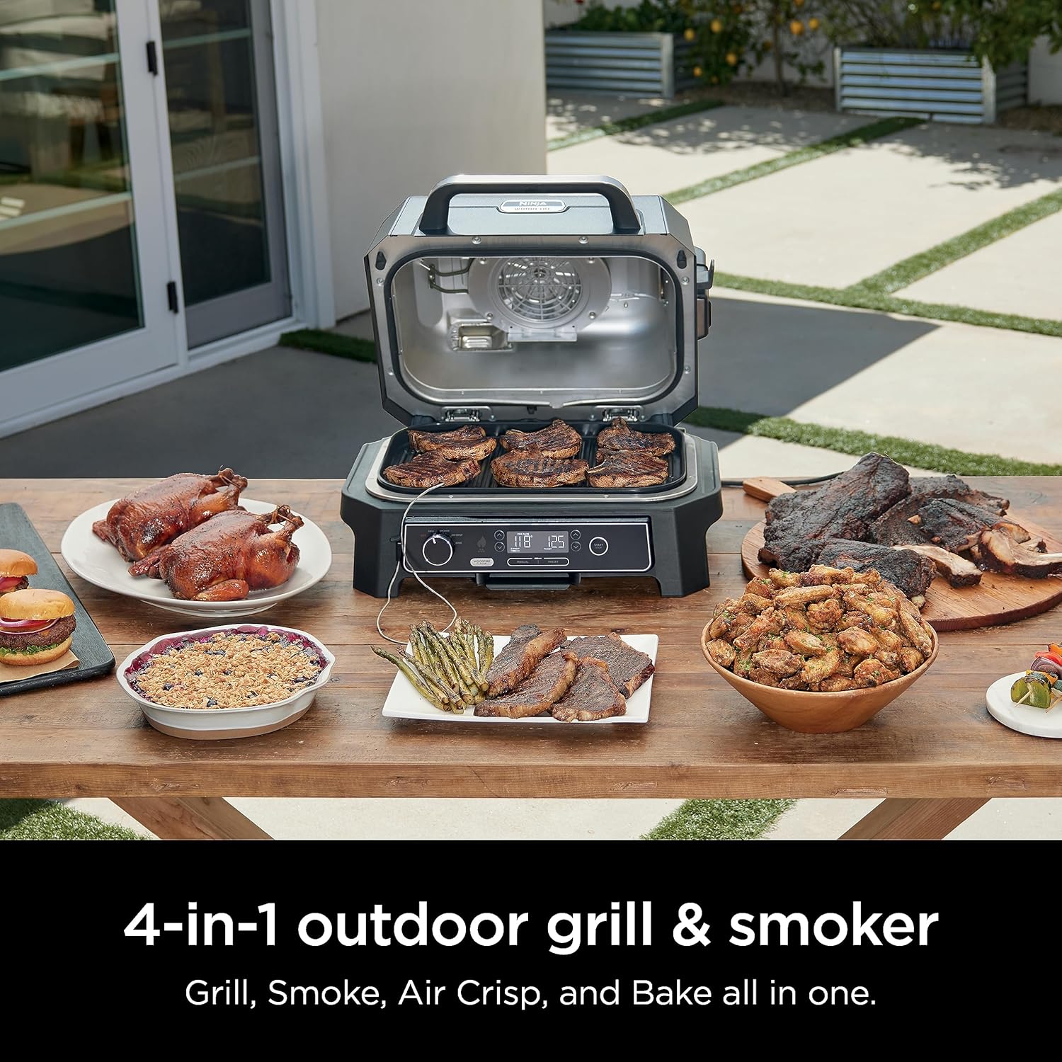 Ninja OG951 Woodfire Pro Connect Premium XL Outdoor Grill & Smoker, Bluetooth, App Enabled, 7-in-1 Master Grill, BBQ Smoker, Outdoor Air Fryer, Woodfire Technology, 2 Built-In Thermometers, Black