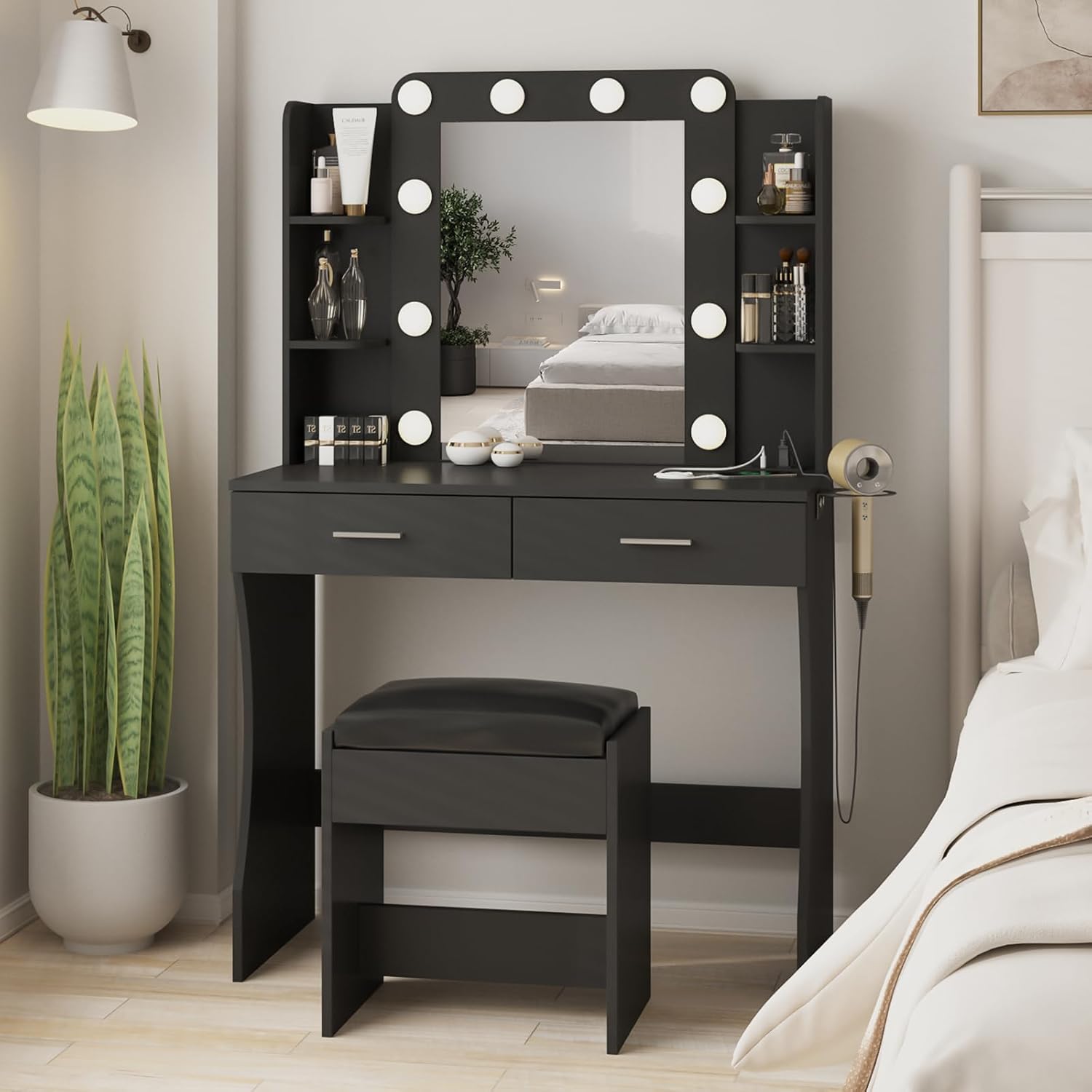 Vanity Desk with Lights,Makeup Vanity with Power Strip,Dressing Table Set with 2 Large Drawers,Vanity Mirror 3 Lighting Color Adjustable,White