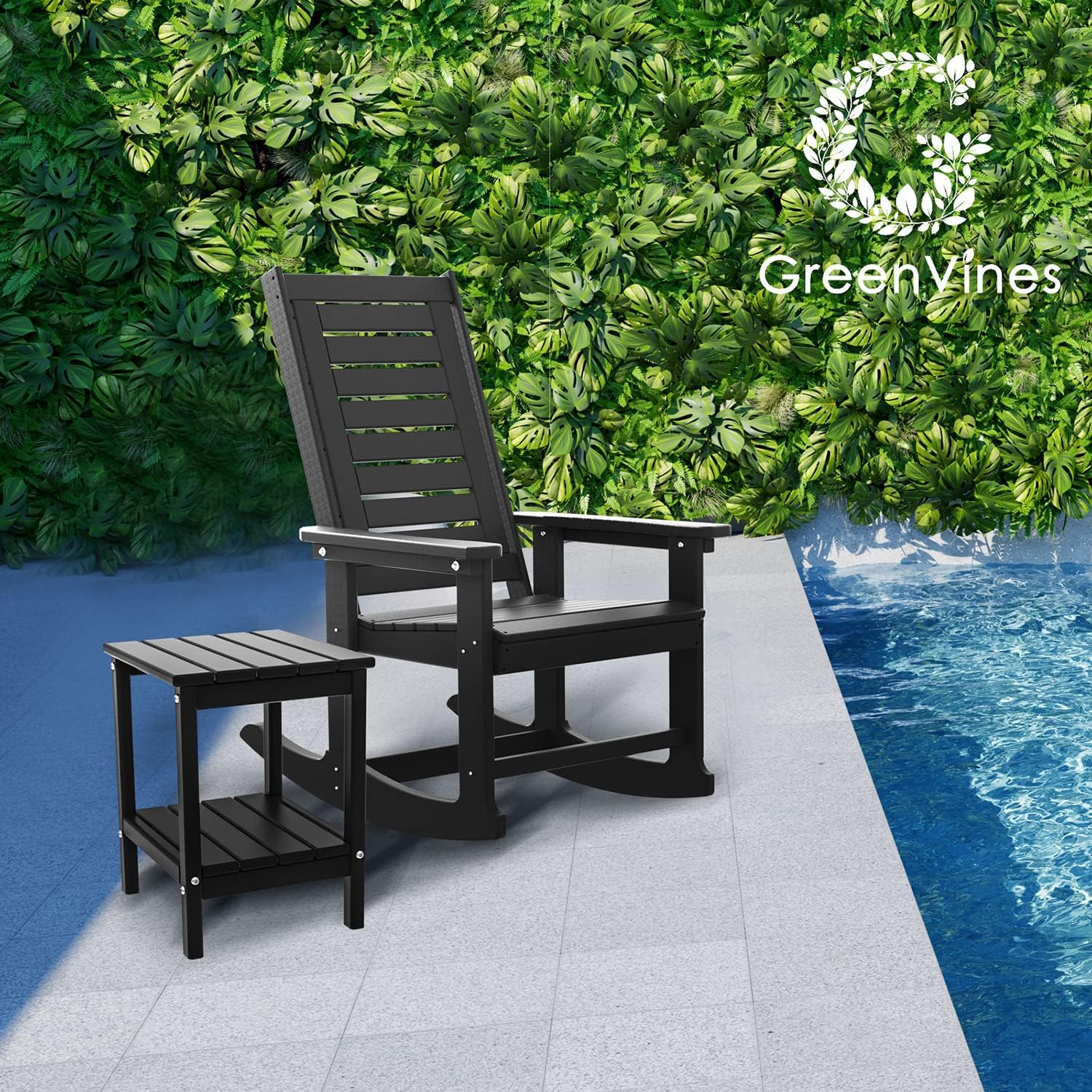 GREENVINES Outdoor Rocking Chairs | Set of 2 | Porch Rocker | HDPE Plastic | Black | Oversized Rockers | High Back | Big & Tall | Ladder Back | for Patio Outside Backyard Balcony Garden