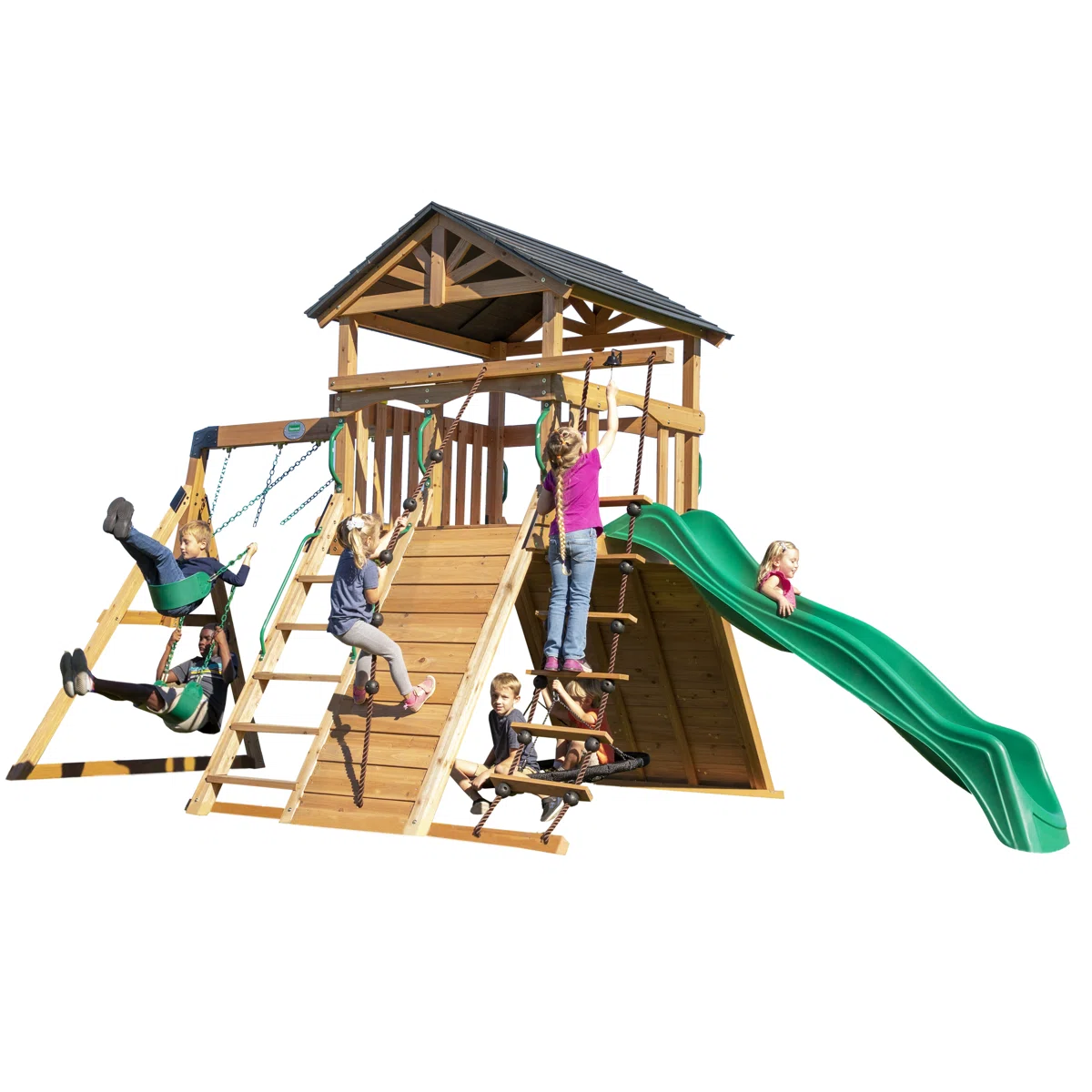 Backyard Discovery Endeavor Cedar Wood Swing Set with Wave Slide, Play Deck, Double Rock Wall, and Rope Ladder