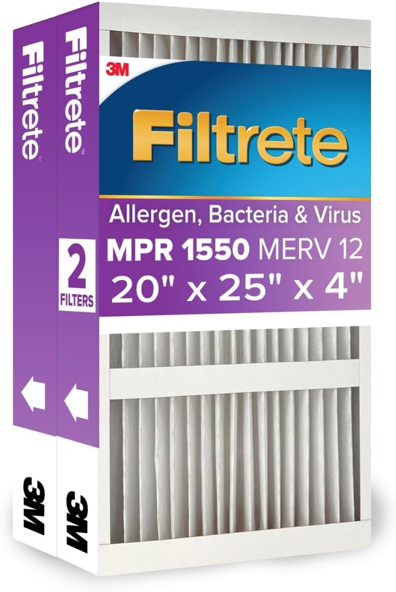Filtrete 20x25x4 AC Furnace Air Filter, MPR 1550, MERV 12, Fits Lennox & Honeywell, Allergen, Bacteria & Virus, , Electrostatic Air Cleaning Filter, 4-Pack (actual size 19.88 x 24.63 x 4.31)