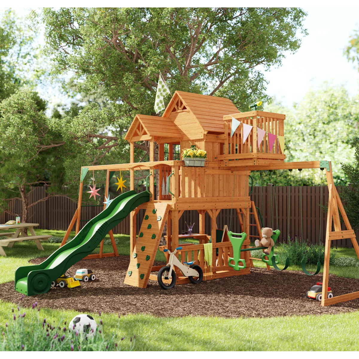 Backyard Discovery Skyfort II Cedar Wood Swing Set with Wave Slide, Clubhouse, Crow's Nest, and Monkey Bars