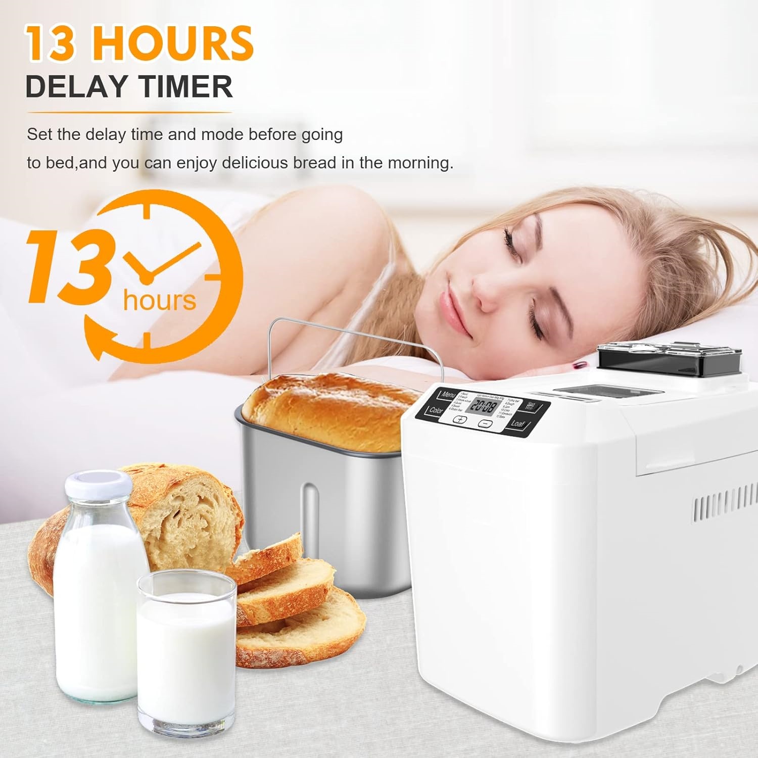 Bread Machine,with 12 Presets,Gluten-Free Setting,Auto Fruit Nut Dispenser & Nonstick Pan,2 Loaf Sizes,13H Reserve & 1H Keep Warm (White)