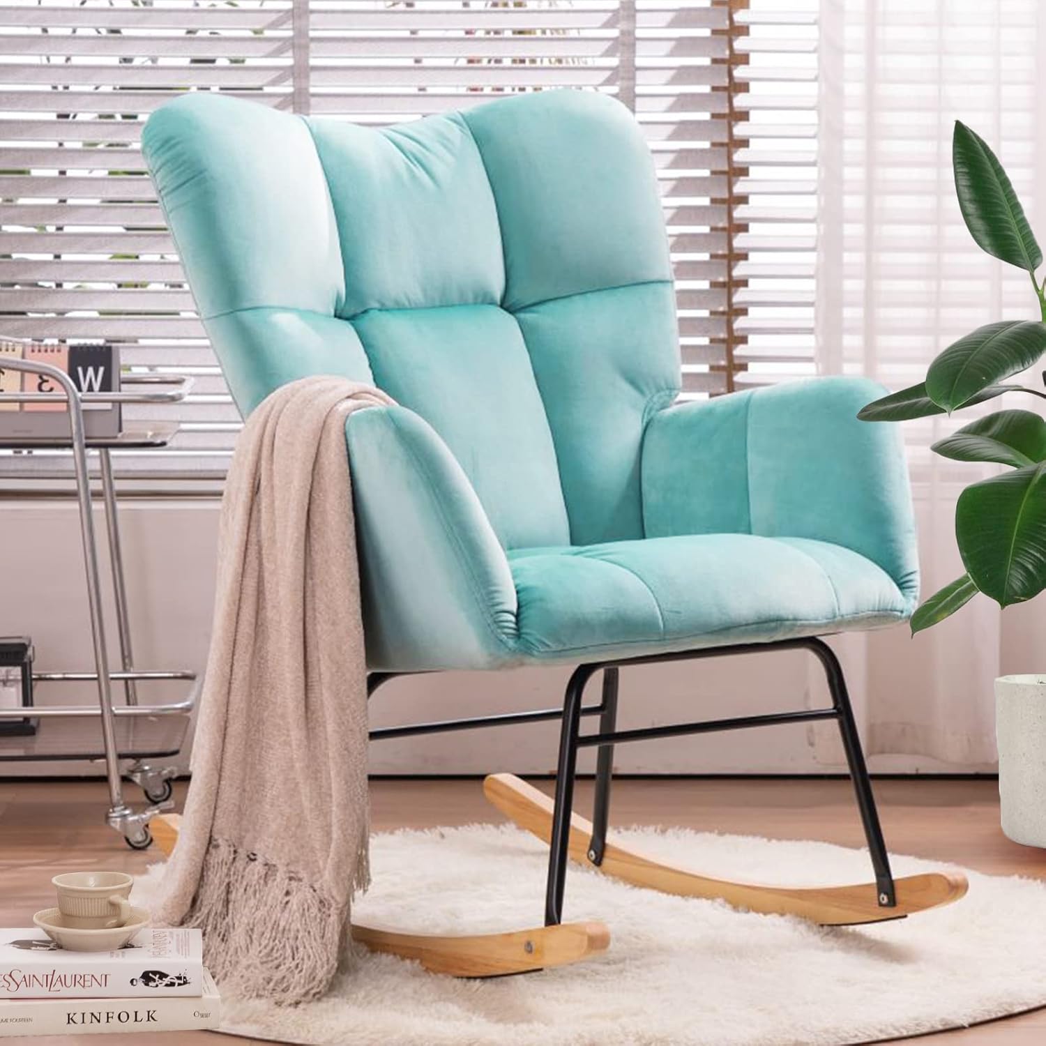 NIOIIKIT Nursery Rocking Chair Teddy Upholstered Glider Rocker Rocking Accent Chair Padded Seat with High Backrest Armchair Comfy Side Chair for Living Room Bedroom Offices (Ivory Teddy)