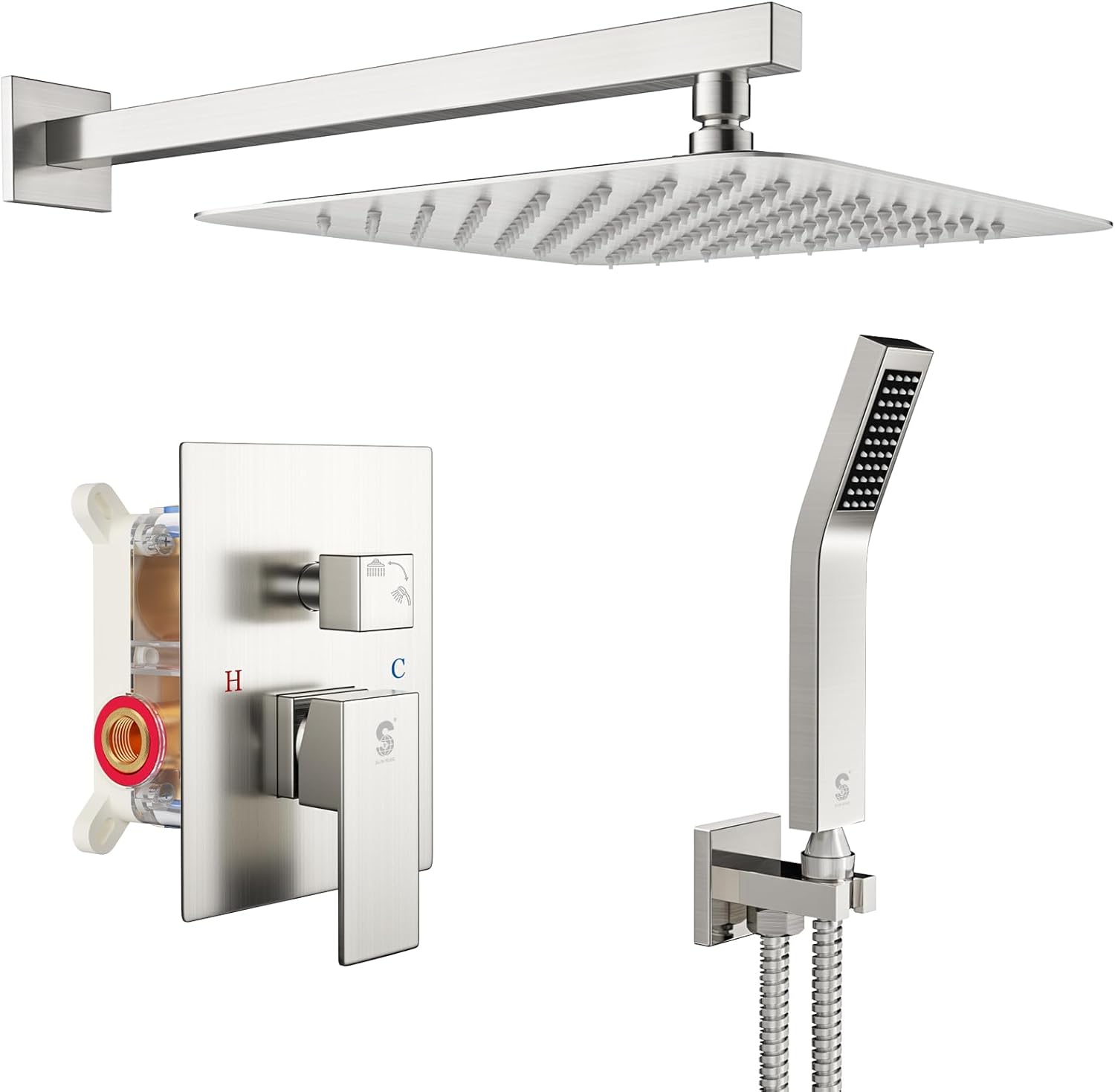 SR SUN RISE 12 Inches Matte Black Shower System 12 Inch Brass Bathroom Luxury Rain Mixer Shower Combo Set Wall Mounted Rainfall Shower Head System Shower Faucet Rough-in Valve Body and Trim Included