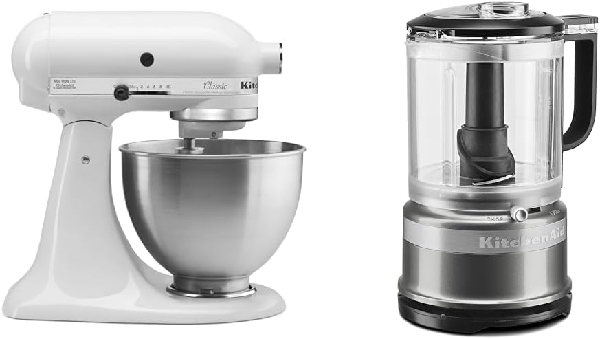 KitchenAid Classic Series 4.5 Quart Tilt-Head Stand Mixer K45SS, White & 5 Cup Food Chopper - KFC0516, Contour Silver