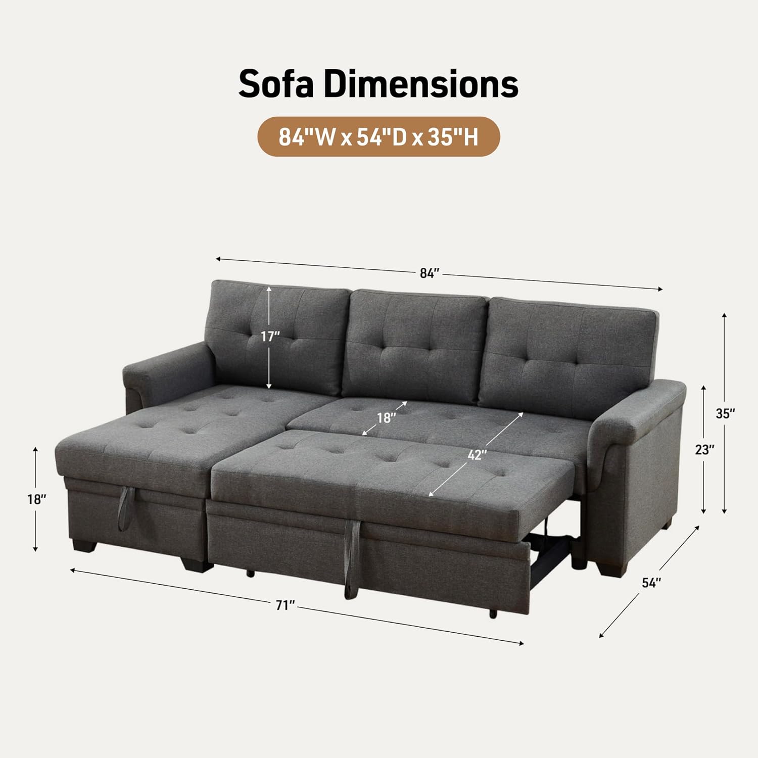 Lilola Home Lucca 84-inch Reversible Sleeper Sectional Sofa with Pull-Out Bed & Storage Chaise, Dark Gray Linen Fabric, Tufted Back, Modern Compact Couch for Living Room, Easy Assembly