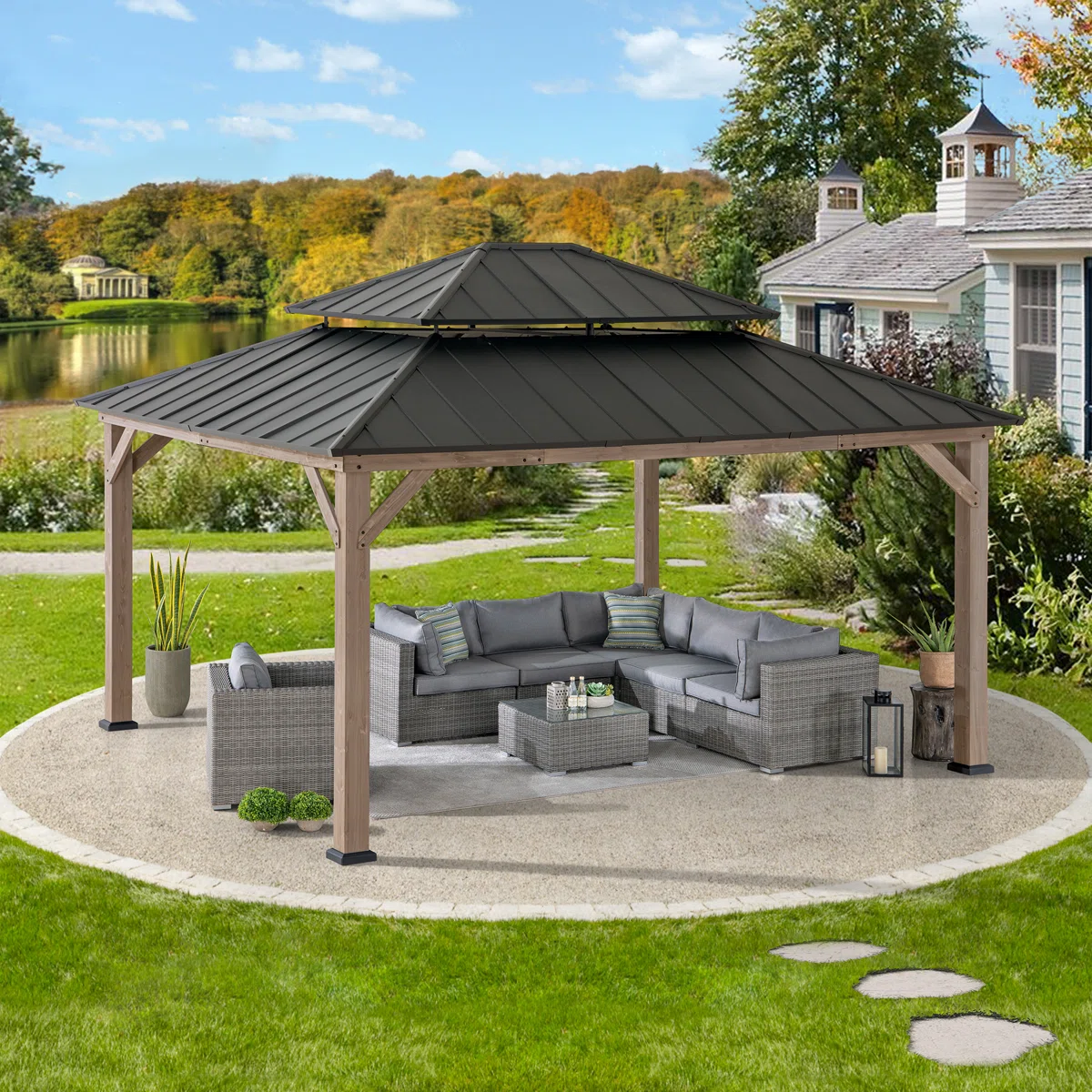 Sunjoy 13 x 15 ft. Wood Gazebo, Outdoor Patio Steel Hardtop Gazebo, Cedar Framed Wooden Gazebo with 2-Tier Metal Roof, Suitable for Patios, Lawn and Backyard