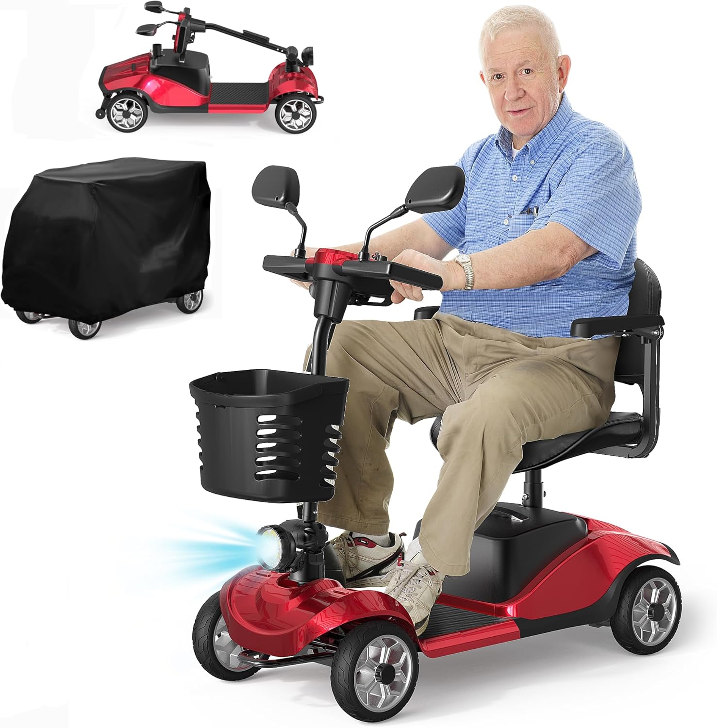 4-Wheel Mobility Scooter for Seniors, Foldable Electric Scooter, Lightweight Powered Electric Wheelchair, Compact Heavy Duty Scooter with Electromagnetic Brake, Rotating Seat, 350LBS Capacity-Red