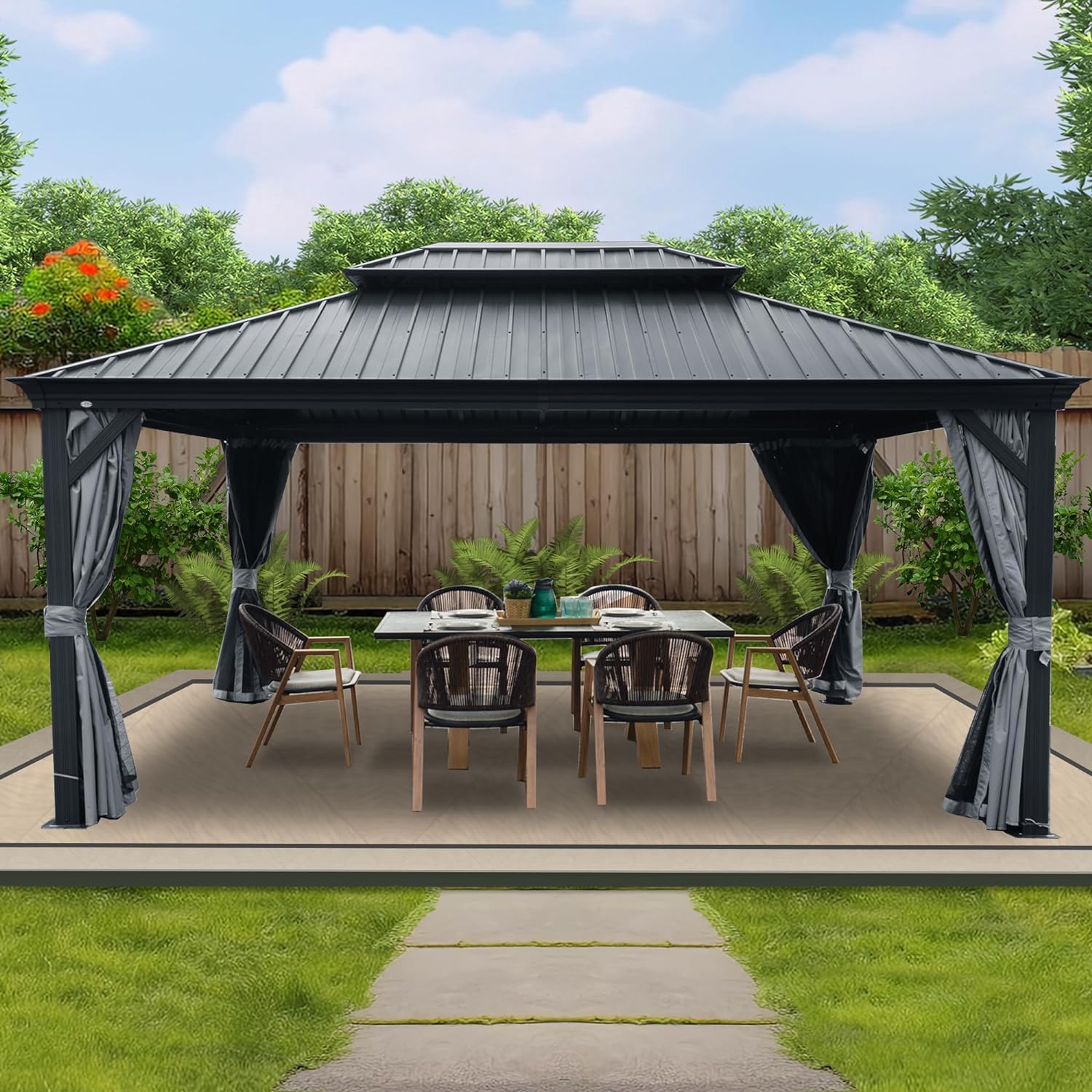 Kozyard Alexander 10' X 12' Hardtop, Aluminum Metal Gazebo with Galvanized Steel Double Roof Canopy, Curtain and Netting, Permanent Pavilion for Patio, Backyard, Deck, Lawn (Gray)
