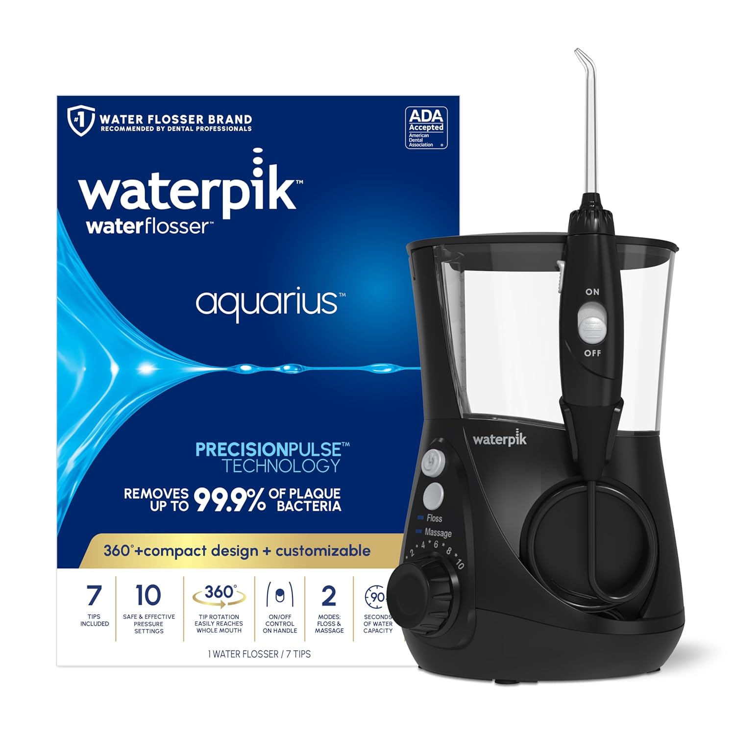 Waterpik Aquarius Water Flosser Professional For Teeth, Gums, Braces, Dental Care, Electric Power With 10 Settings, 7 Tips For Multiple Users And Needs, ADA Accepted, Gray WP-667, Packaging May Vary