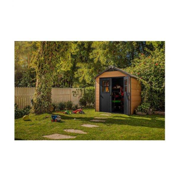 7.5×7 Large Resin Outdoor Storage Shed Kit – Perfect to Store Patio Furniture, Garden Tools, Bike Accessories, and Lawn Mower, Mahogany Brown