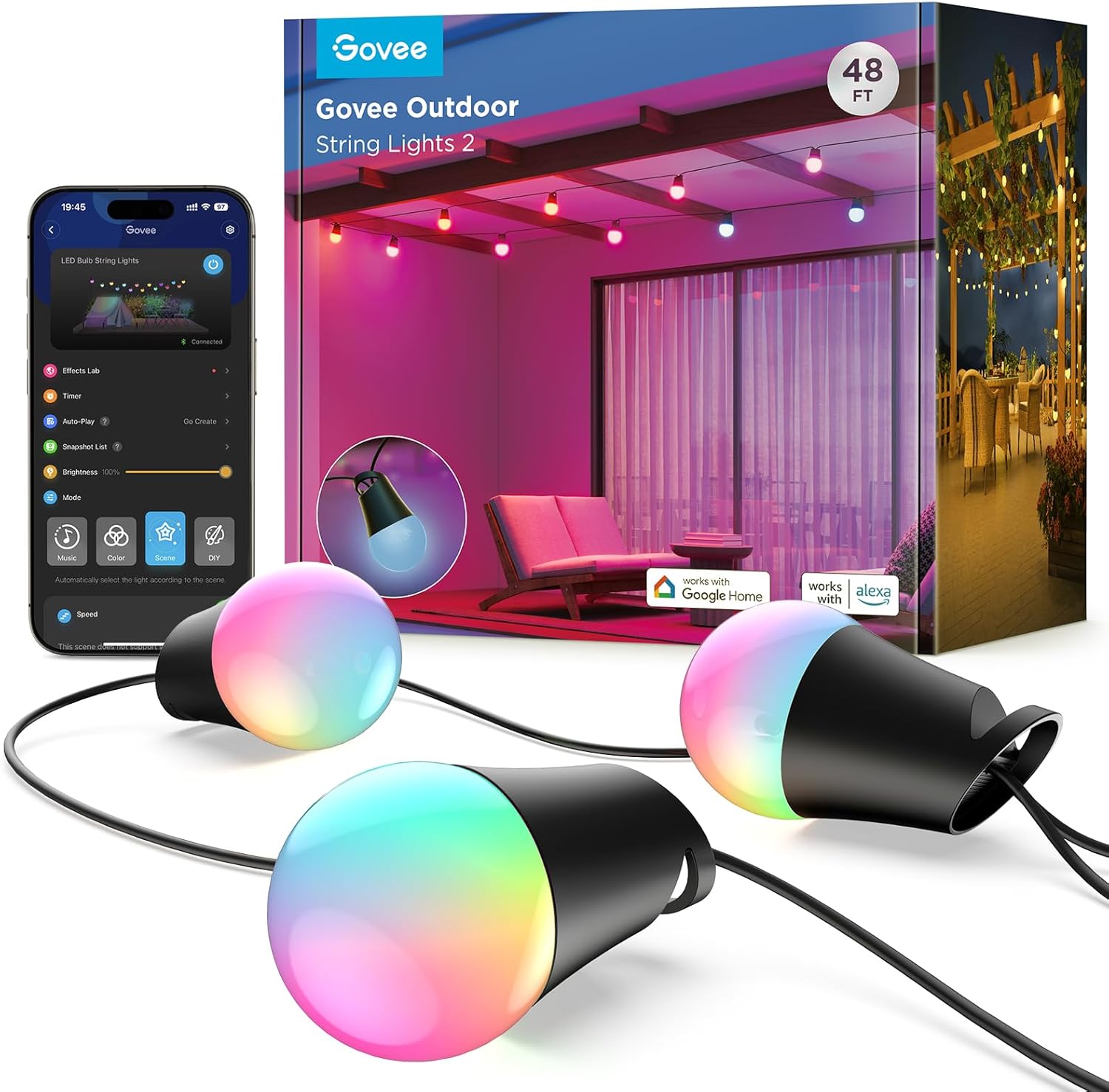 Govee Smart Outdoor String Lights 2, 96ft RGBIC Outdoor Lights with Dimmable Warm White LED Bulbs for Christmas, 47 Scene Modes for Patio, Backyard, IP65 Waterproof, Works with Alexa, App Control