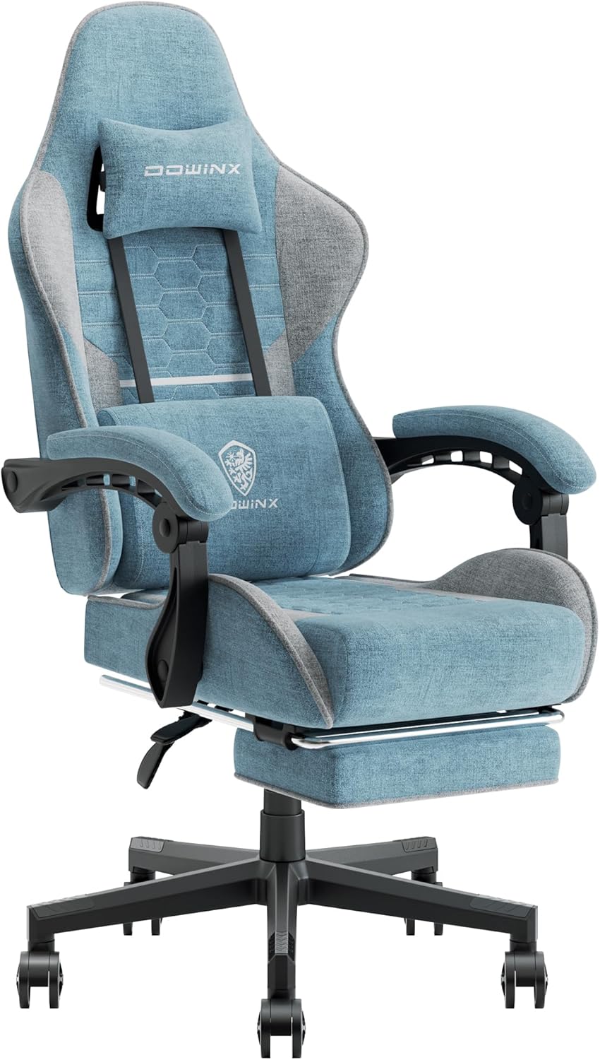 Dowinx Gaming Chair Fabric with Pocket Spring Cushion, Massage Game Chair Cloth with Headrest, Ergonomic Computer Chair with Footrest 290LBS, Blue and Grey