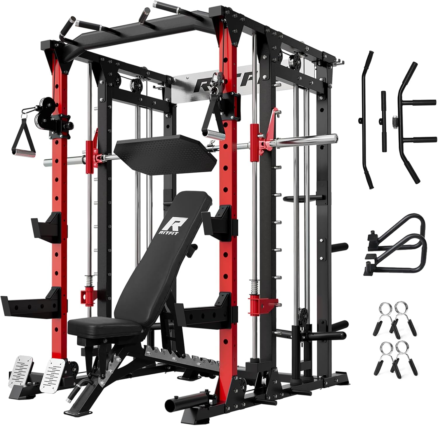 RitFit Buffalo Smith Machine, Power cage with LAT-Pull Down System & Cable Crossover System, All-in-One Squat Rack for Home Gym, Power Rack
