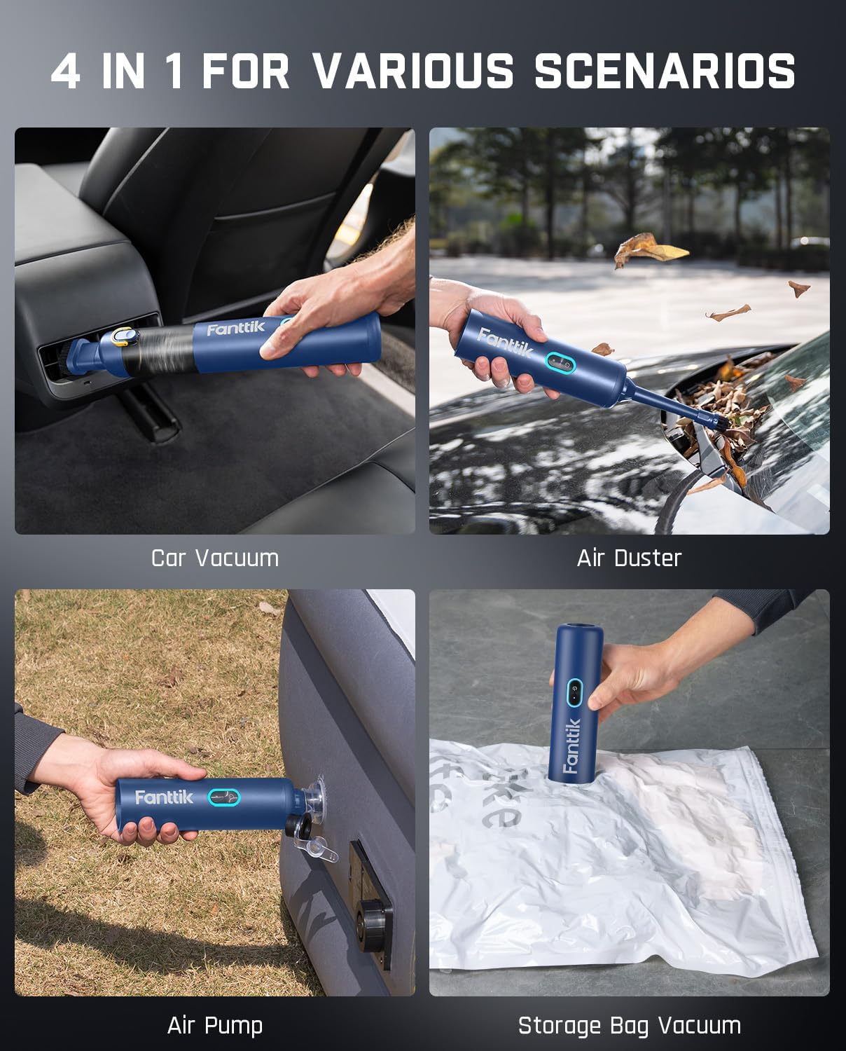 Fanttik Slim V8 Apex Cordless Car Vacuum, 19000PA Suction Power, 4 in 1 Portable Mini Vacuum, Type-C Charge, 2 Suction Modes, Handheld Vacuum for Car, Office Desk, Keyboards, Blue