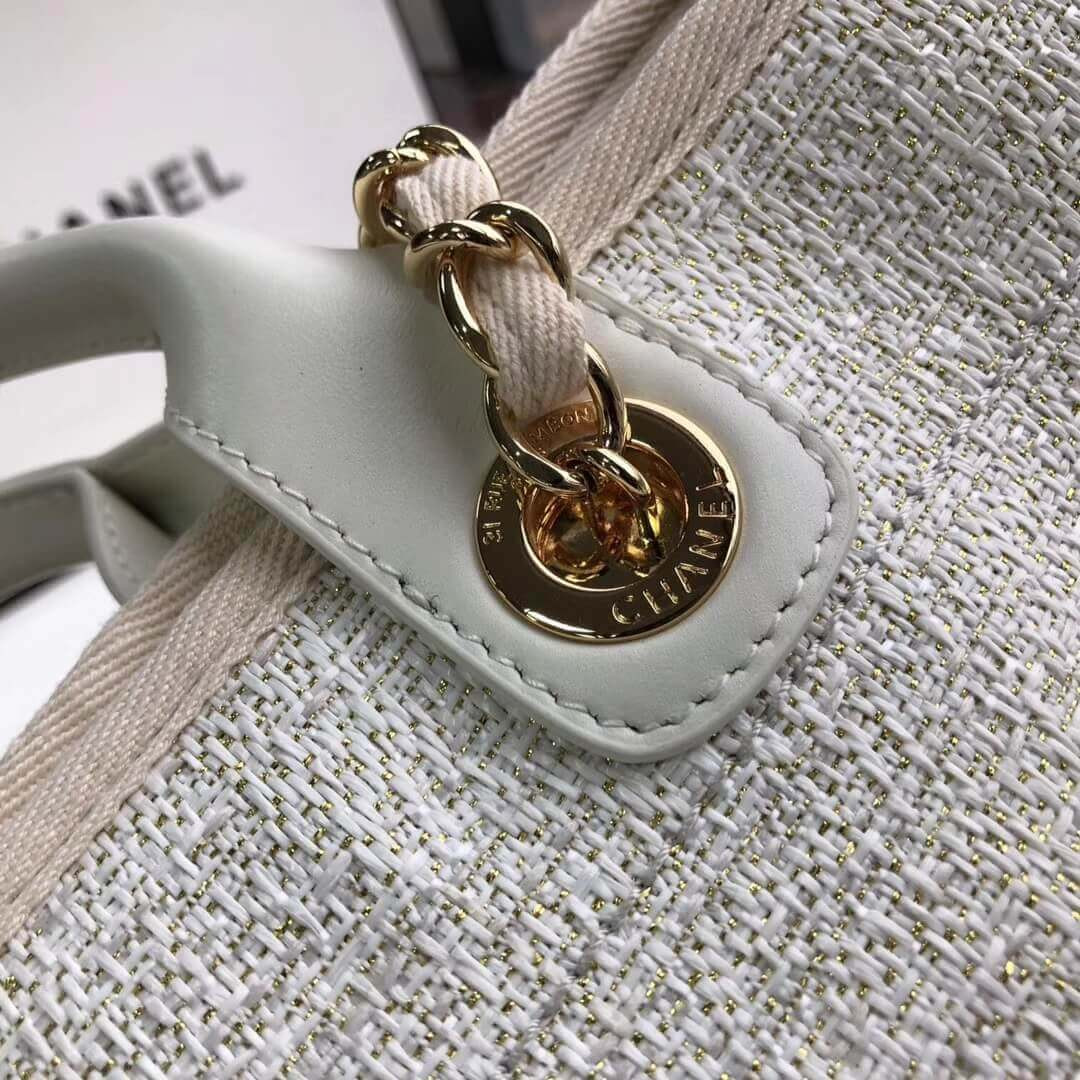 Chanel Deauville Tote 38cm Canvas Bag A66941 Beige/White