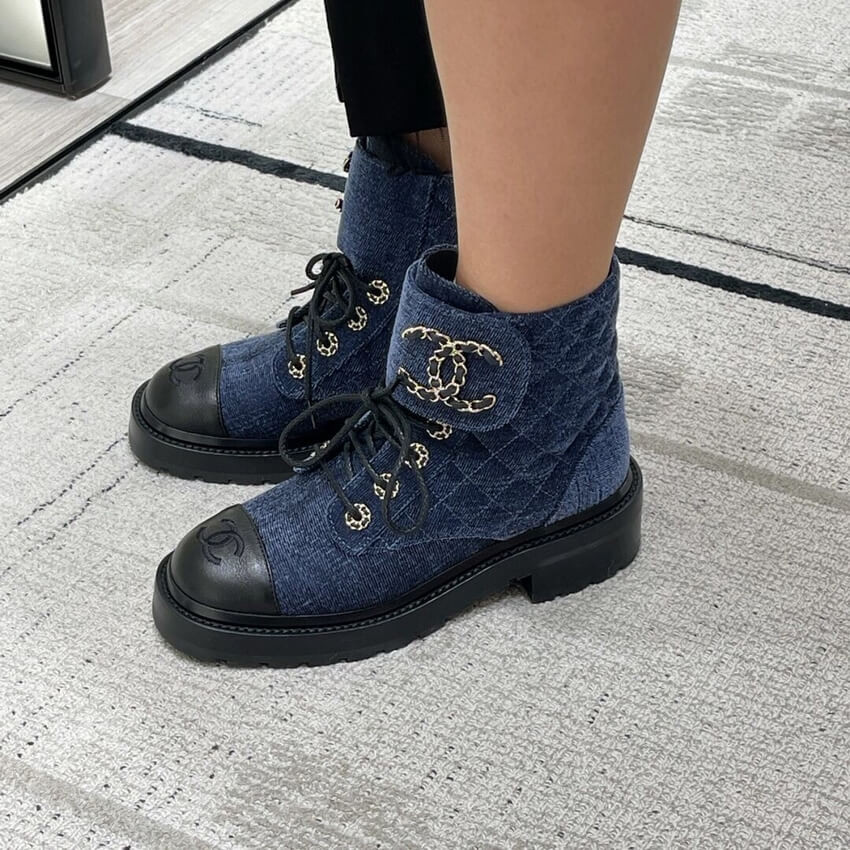 Chanel Blue Denim Quilted Lace Up Boots G36424