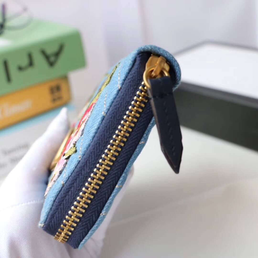 Gucci Denim Print Applique Zip Around Wallet 443123