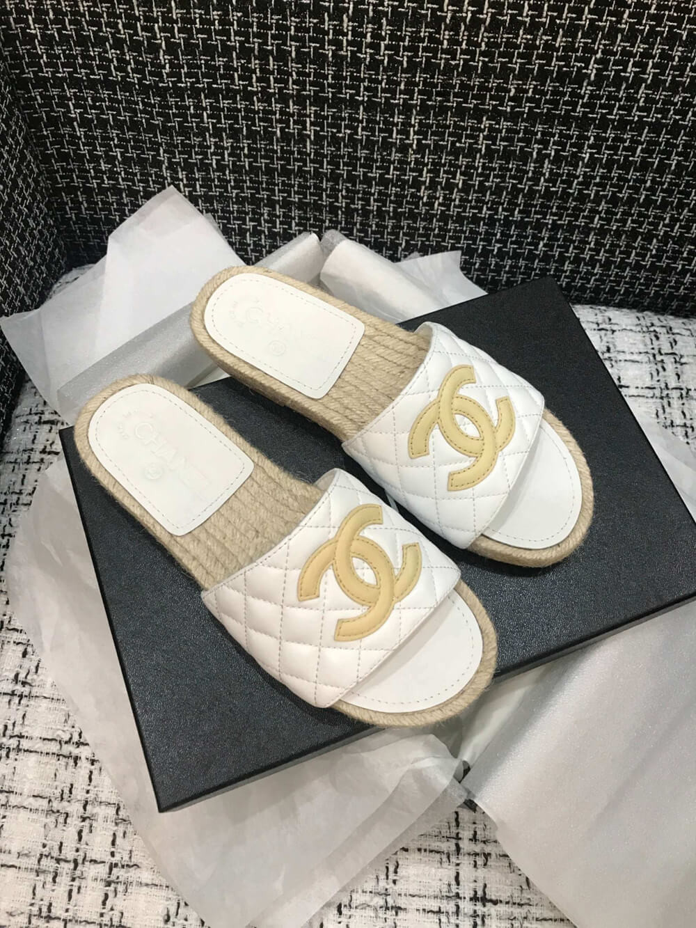 Chanel CC Quilted Mules G35604 White/Apricot