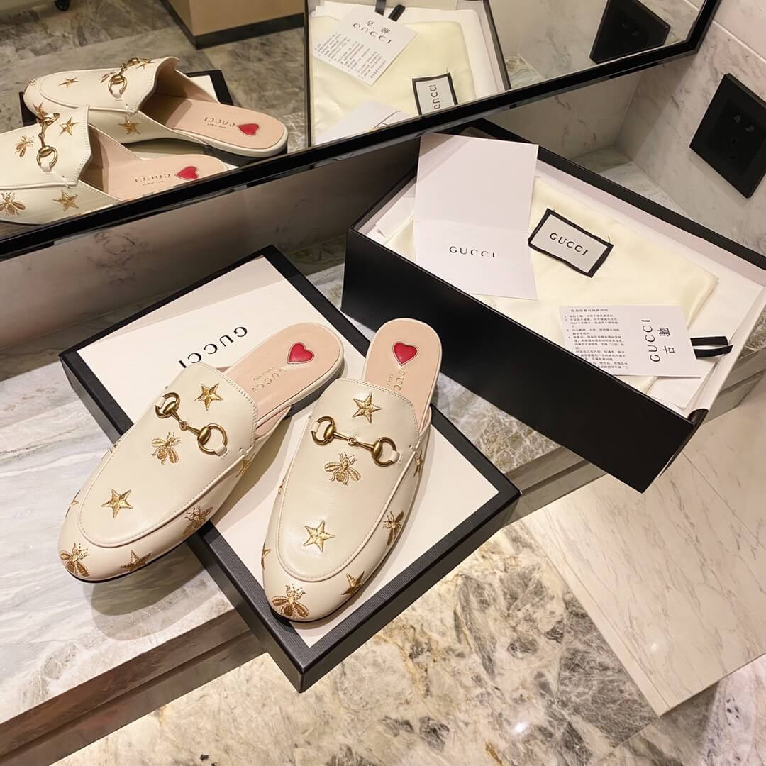 Gucci Princetown Embroidered Leather Slipper 505268 White
