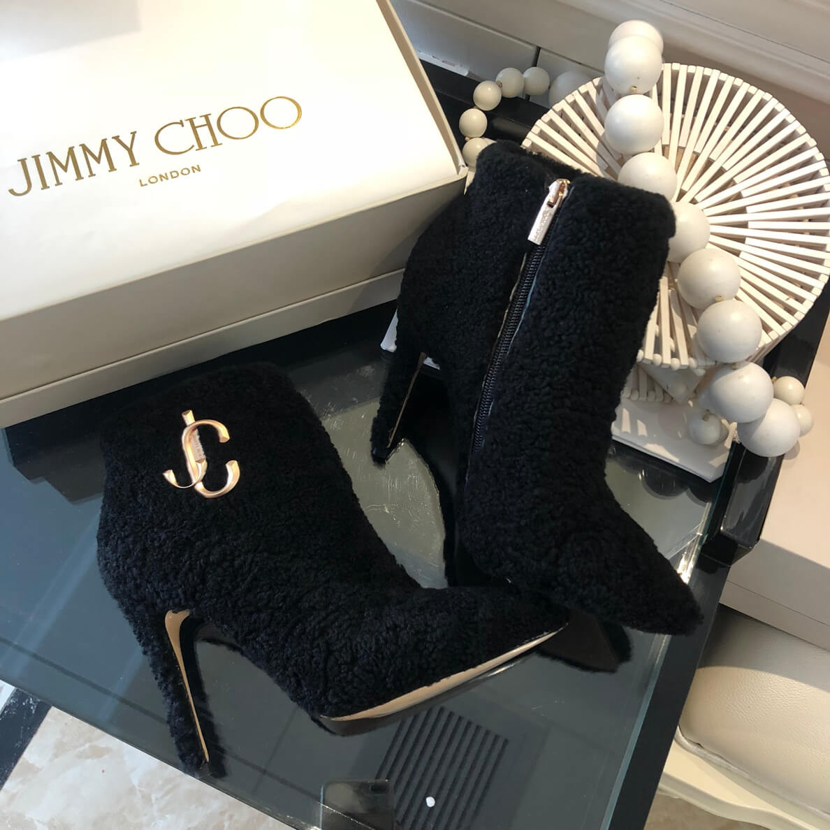 Jimmy Choo Shearling Ankle Bootie with Gold JC Logo 80259