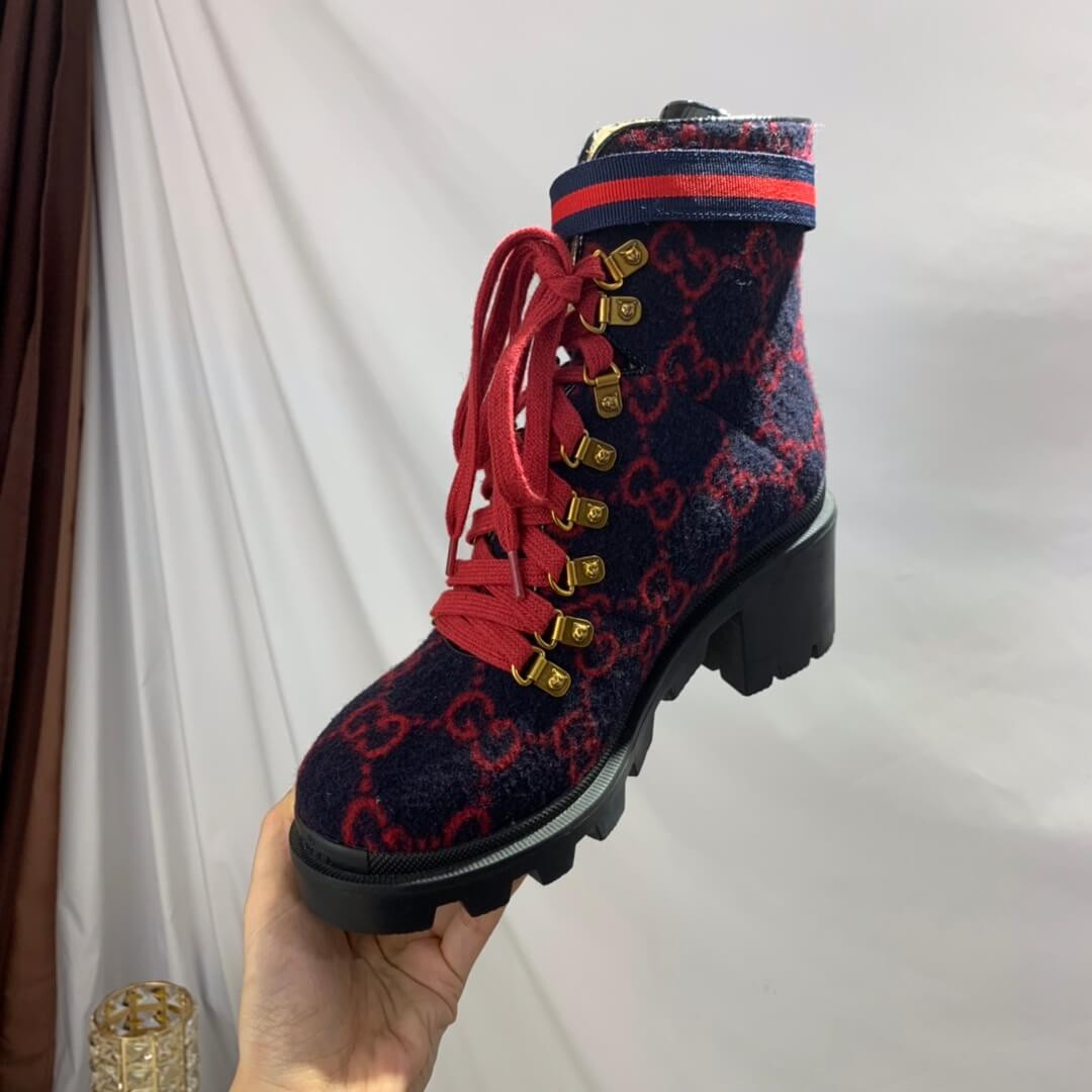 Gucci Trip GG Wool Combat Boots 583349 Blue/Red