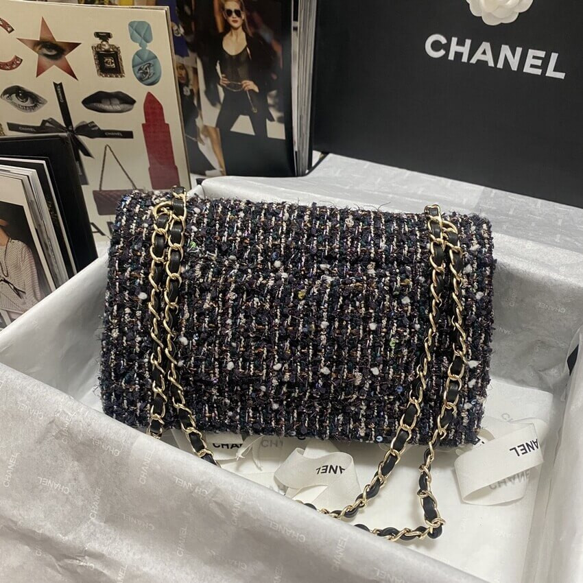 Chanel Classic Flap Bag in Navy Blue & Multicolor Glittered Tweed 1112