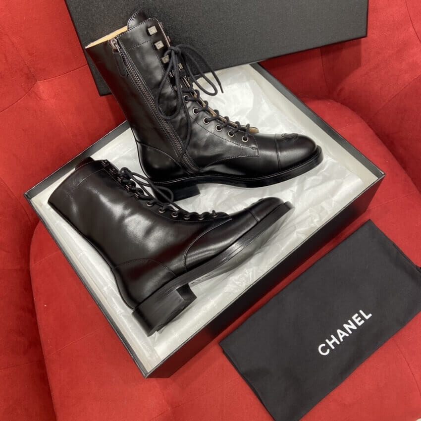 Chanel Calfskin Black Combat Lace-Ups Boots G34953