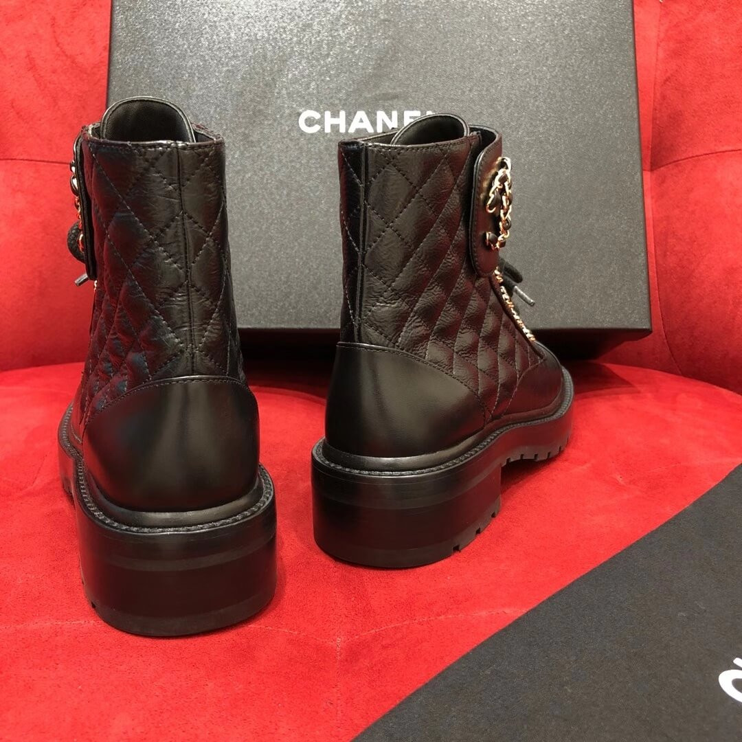 Chanel Black Quilted Leather Lace Up Boots