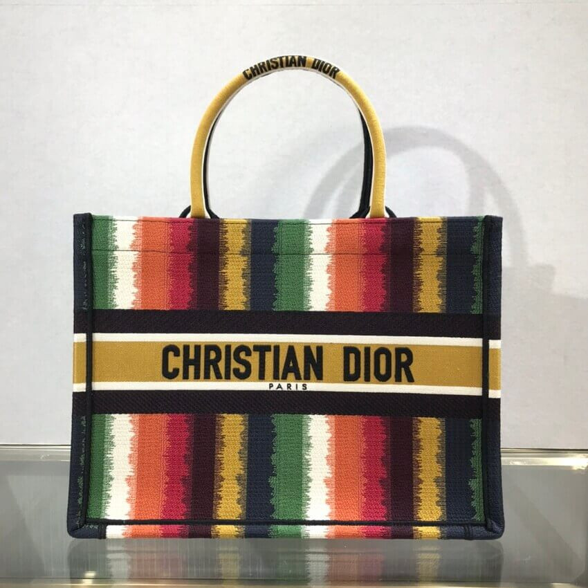 Dior Small Book Tote Multicolor D-Stripes Embroidery M1296