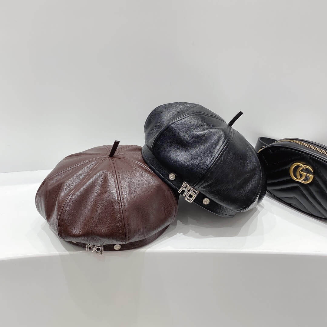 Alexander Wang Leather With Crystal Logo Beret Hat 1305