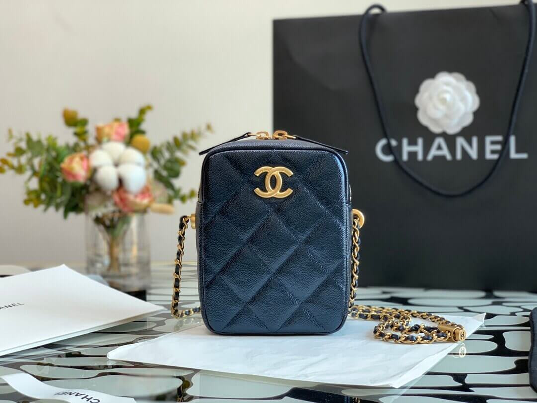 Chanel Caviar Calfskin Pearl Crush Gold Ball Phone Clutch With Chain 99098