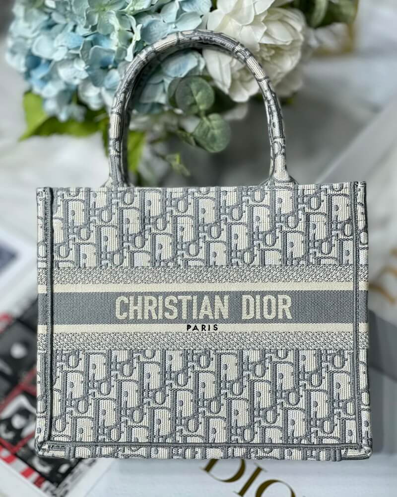 Christian Dior Small Book Tote Bag 26cm Oblique Embroidery Gray