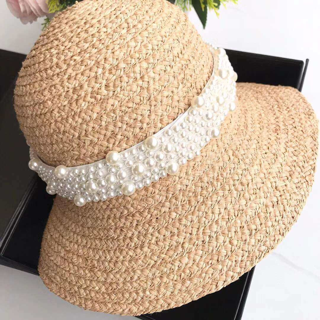 Chanel Straw CC Fedora Hat with Pearl D009
