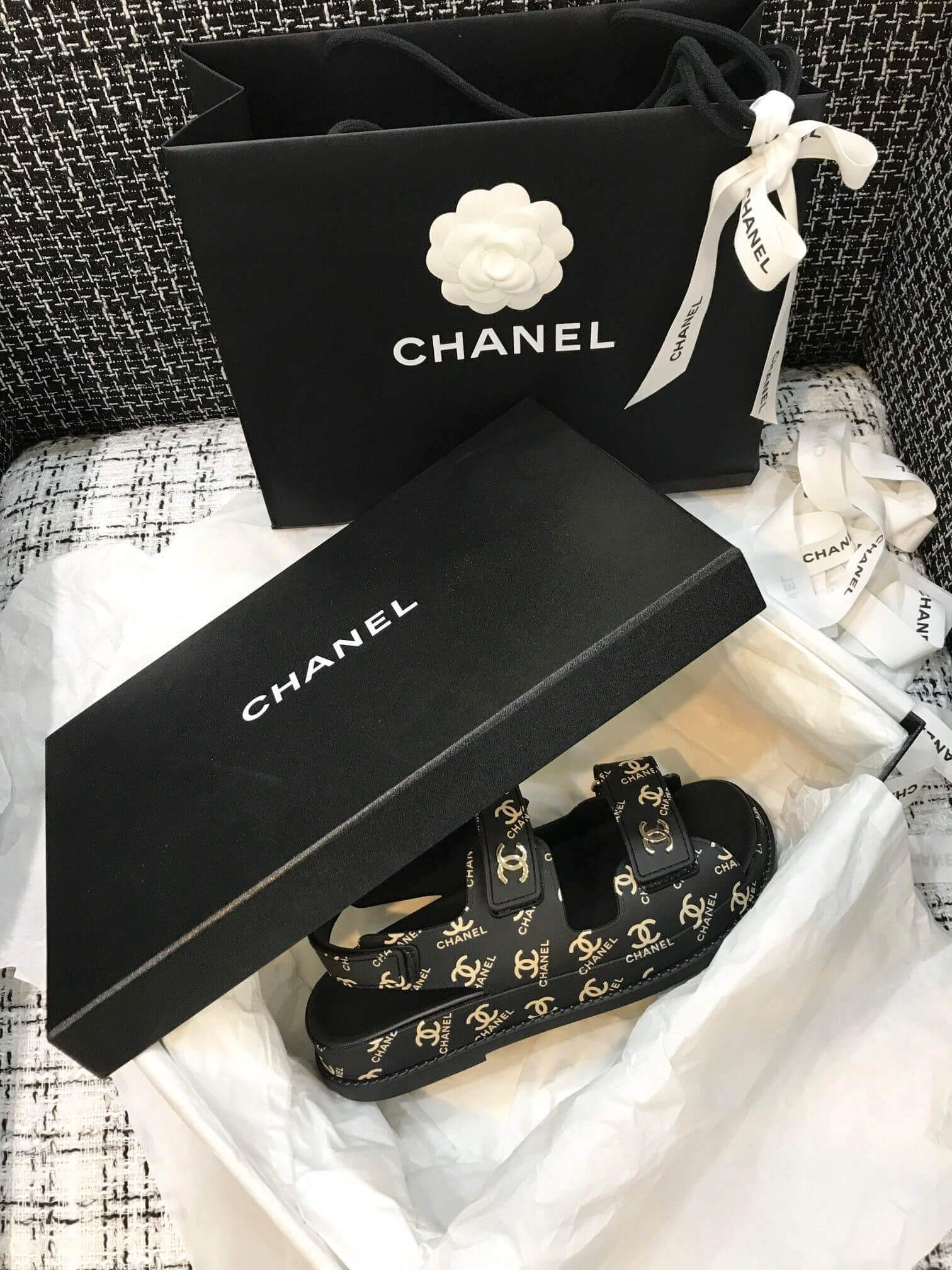 Chanel Velcro Sandals G31848 Black/Gold