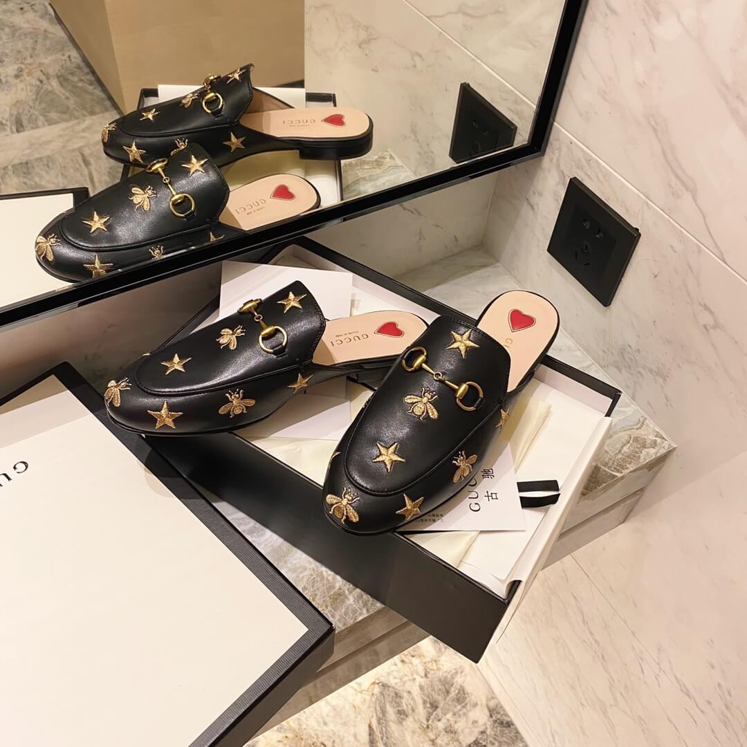 Gucci Princetown Embroidered Leather Slipper 505268 Black