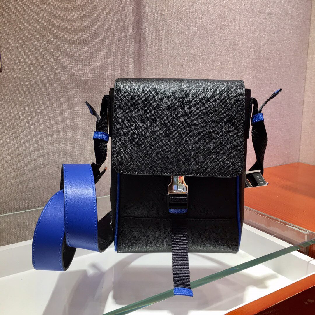 Prada Saffiano Leather Shoulder Bag 2VD019 Black/Blue