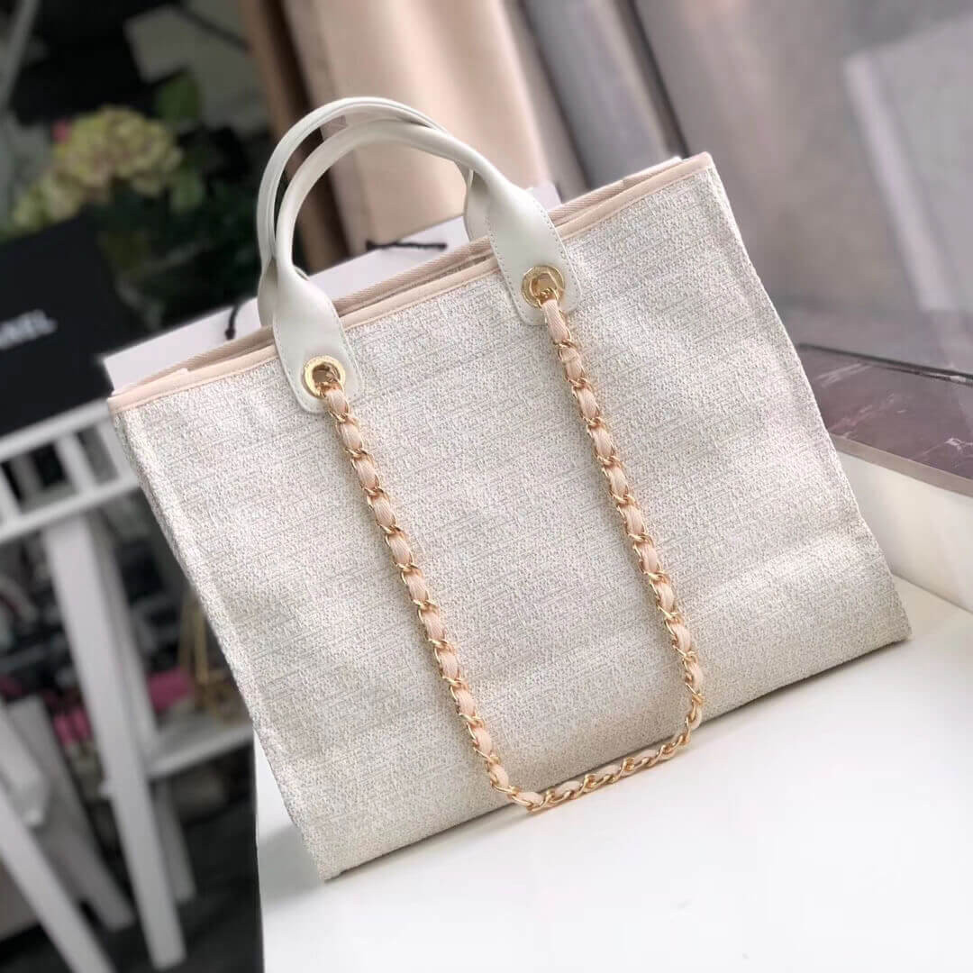 Chanel Deauville Tote 38cm Canvas Bag A66941 Beige/White