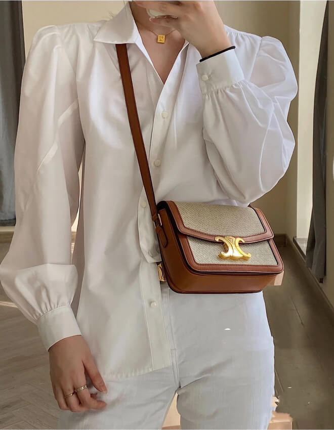 Celine Teen Triomphe Bag in Textile and Natural Calfskin 188882 Tan/White