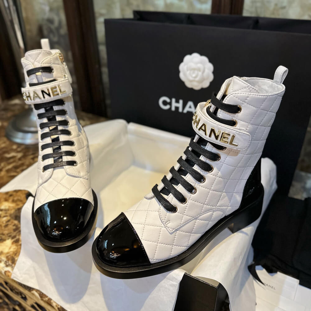 Chanel Quilted Lambskin & Patent Calfskin Lace Up Combat Boots G45005