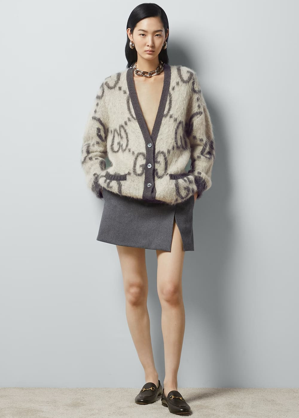 Gucci Reversible GG Mohair Wool Cardigan In Cream & Dark Grey 635160