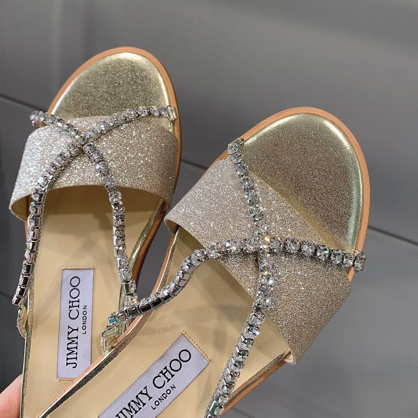 Jimmy Choo Aadi Platinum Ice Dusty Glitter Flats With Crystal Chain C6137